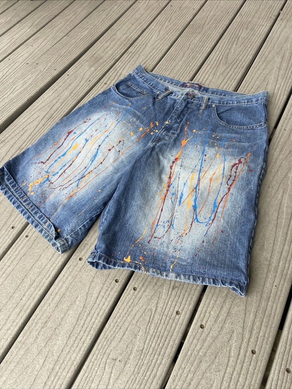 Miskeen Originals Men’s Denim Paint Splatter Shorts Size 34 Baggy Streetwear Y2K